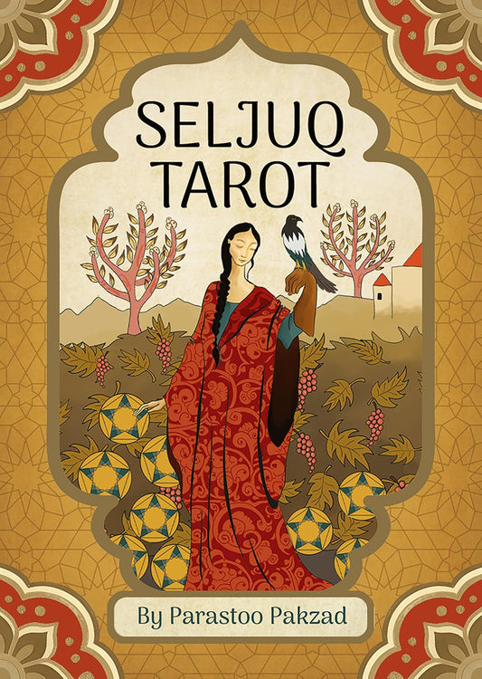 Front cover of the Seljuq Tarot card deck by Parastoo Pakzad, featuring an illustrated woman in a red patterned robe holding a bird, surrounded by tarot card suits and trees, with the title 'SELJUQ TAROT' at the top.