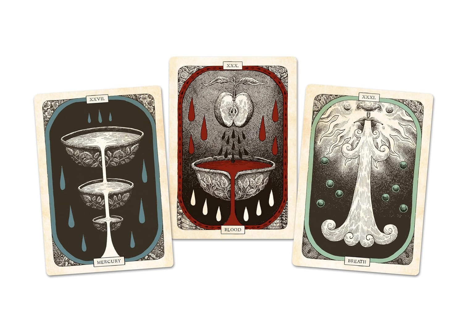 Three illustrated tarot-style cards are arranged side by side on a plain white background. The left card is dark blue-gray with a layered chalice and raindrop motif; the center card is cream with red border, a dripping heart, and a bowl motif; the right card is cream with a tree-like figure and green border.