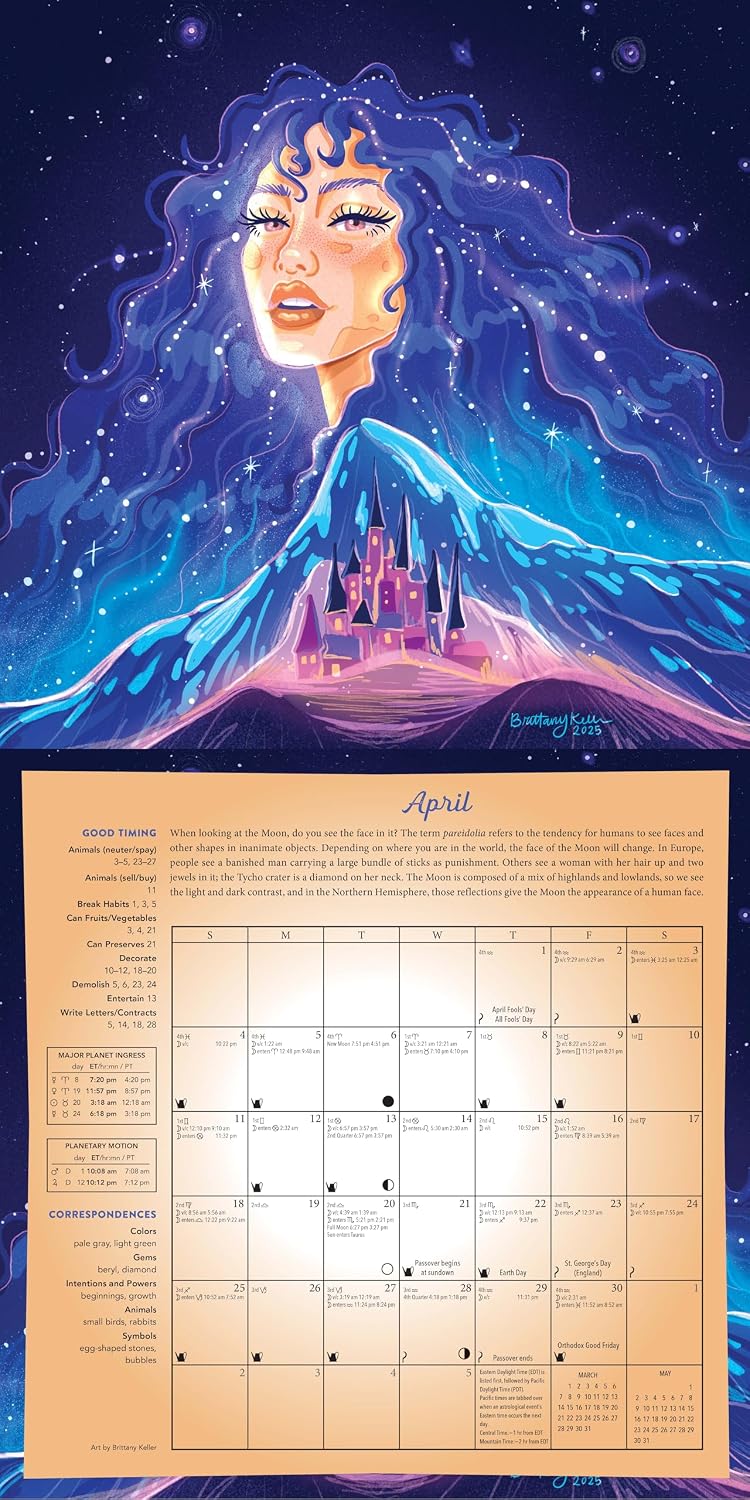 Calendar with a fantasy design featuring a castle and blue hair against a starry night sky. Llewellyn's 2027 Magical Moon Calendar featuring lunar phases, spells, Moon lore and magical artwork
