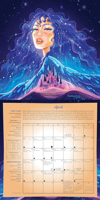 Calendar with a fantasy design featuring a castle and blue hair against a starry night sky. Llewellyn's 2027 Magical Moon Calendar featuring lunar phases, spells, Moon lore and magical artwork