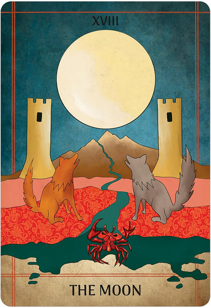 A tarot-style art print titled 'THE MOON' showing a large pale moon over mountains, two towers, a red river, a red crab, and two wolves in a stylized illustrated landscape. Seljuq Tarot by Parastoo Pakzad, 78-card Rider-Waite-Smith-inspired tarot featuring colourful Persian miniature artwork and traditional decorative patterns.