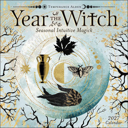 Calendar cover of 'Year of the Witch' with mystical symbols and design elements.
Year of the Witch 2027 Wall Calendar featuring magical witch-inspired artwork celebrating the seasons, nature and the Wheel of the Year.
