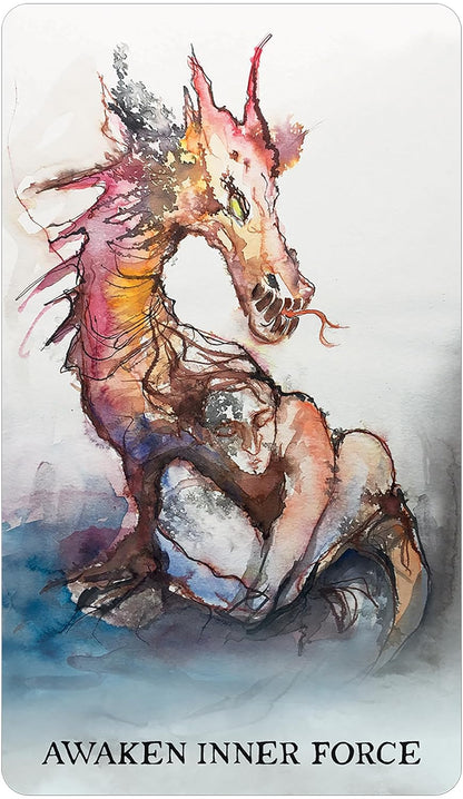 A tarot card style illustration with the text 'AWAKEN INNER FORCE' at the bottom. The artwork shows a stylized dragon-like creature embracing a seated human figure in watercolor tones of pink, orange, blue, brown, and gray on a white background.