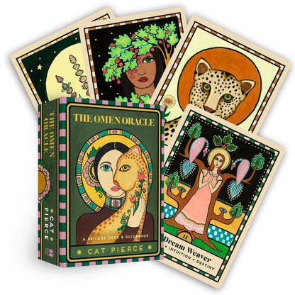 Omen Oracle cards with colorful illustrations and 'Cat Pierce' branding.