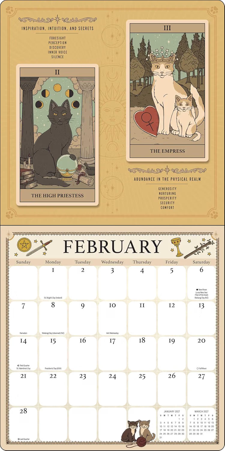 A February wall calendar page featuring tarot-style cat illustrations at the top and a large monthly calendar grid below on a beige background.