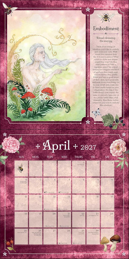 A decorative April 2027 calendar page with a pink and purple ornate border, a fantasy-style illustration of a woman among flowers at the top left, a text panel titled 'Embodiment' at top right, and a monthly grid at the bottom.
2027 Seasons of the Witch Wall Calendar by Lorraine Anderson with magical artwork by Tijana Lukovic and Giada Rose, featuring sabbats, moon phases and rituals