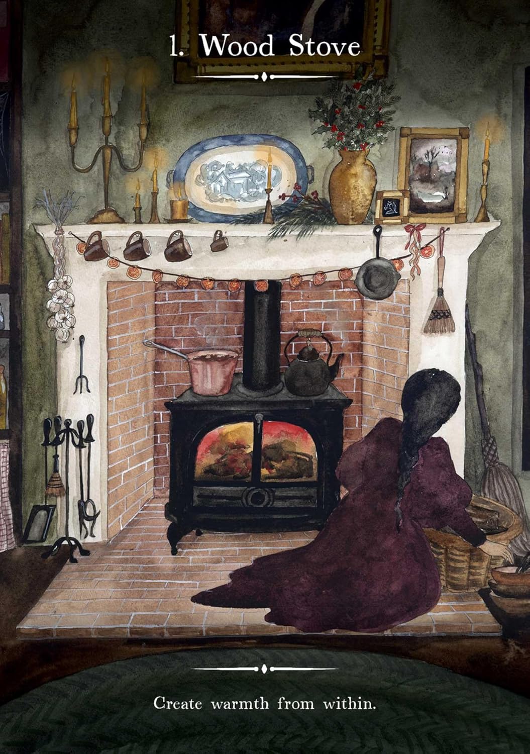 A rustic illustrated scene of a wood-burning stove in a brick fireplace, with a woman kneeling by a basket in the foreground. Text at the top reads '1.
Witch's Homestead Oracle by Hadas Knox and Giada Rose featuring enchanting cottagecore artwork inspired by Victorian homesteads, folk magic, and nature.