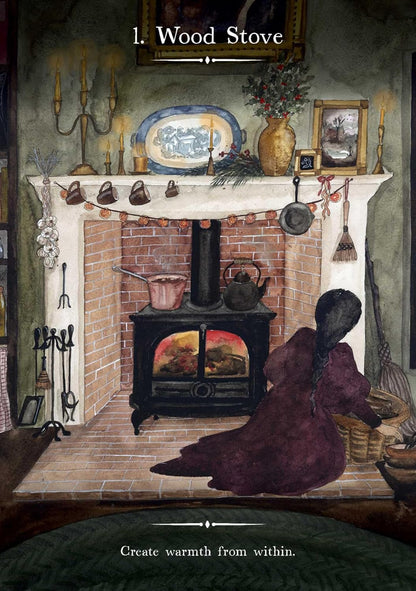 A rustic illustrated scene of a wood-burning stove in a brick fireplace, with a woman kneeling by a basket in the foreground. Text at the top reads '1.
Witch's Homestead Oracle by Hadas Knox and Giada Rose featuring enchanting cottagecore artwork inspired by Victorian homesteads, folk magic, and nature.