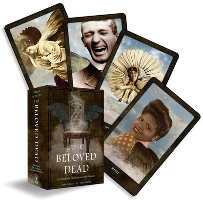 A product image featuring 'The Beloved Dead' oracle card deck, including the box packaging and several cards with vintage photographs of diverse individuals.