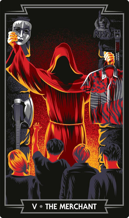 A stylized tarot card illustration titled 'V • THE MERCHANT' showing a hooded robed figure in red and black holding a mask on the left and a striped shirt on the right, with several silhouetted figures below against a dark background.