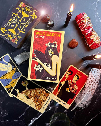 Wild Earth Tarot by Coni Curi featuring botanical illustrations, vintage-inspired artwork, Tarot de Marseille symbolism, and nature-based imagery.