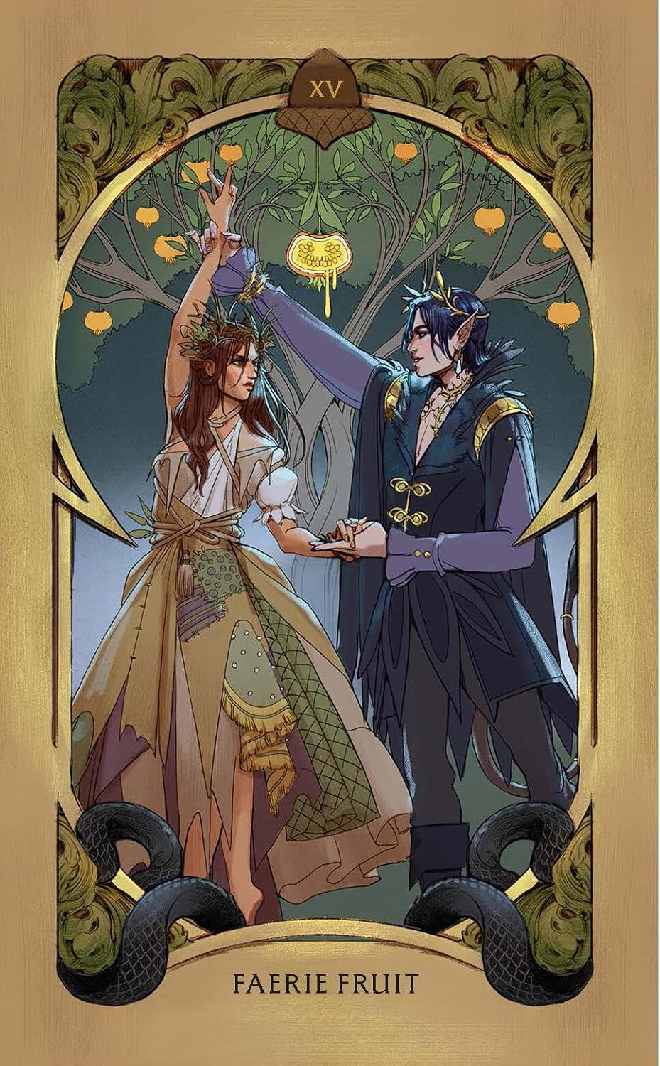 A tarot-style art card titled 'FAERIE FRUIT' with the Roman numeral XV at the top. The illustration shows a woman in a flowing beige and green dress reaching upward toward a glowing yellow fruit, alongside a dark-haired man in a navy and gold robe. Holly Black's Faerie Tarot official deluxe gold-foiled tarot deck inspired by the World of Elfhame featuring fantasy artwork and a companion guidebook.