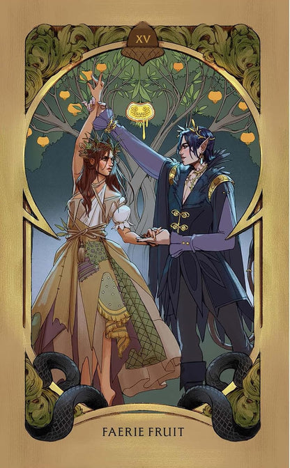 A tarot-style art card titled 'FAERIE FRUIT' with the Roman numeral XV at the top. The illustration shows a woman in a flowing beige and green dress reaching upward toward a glowing yellow fruit, alongside a dark-haired man in a navy and gold robe. Holly Black's Faerie Tarot official deluxe gold-foiled tarot deck inspired by the World of Elfhame featuring fantasy artwork and a companion guidebook.
