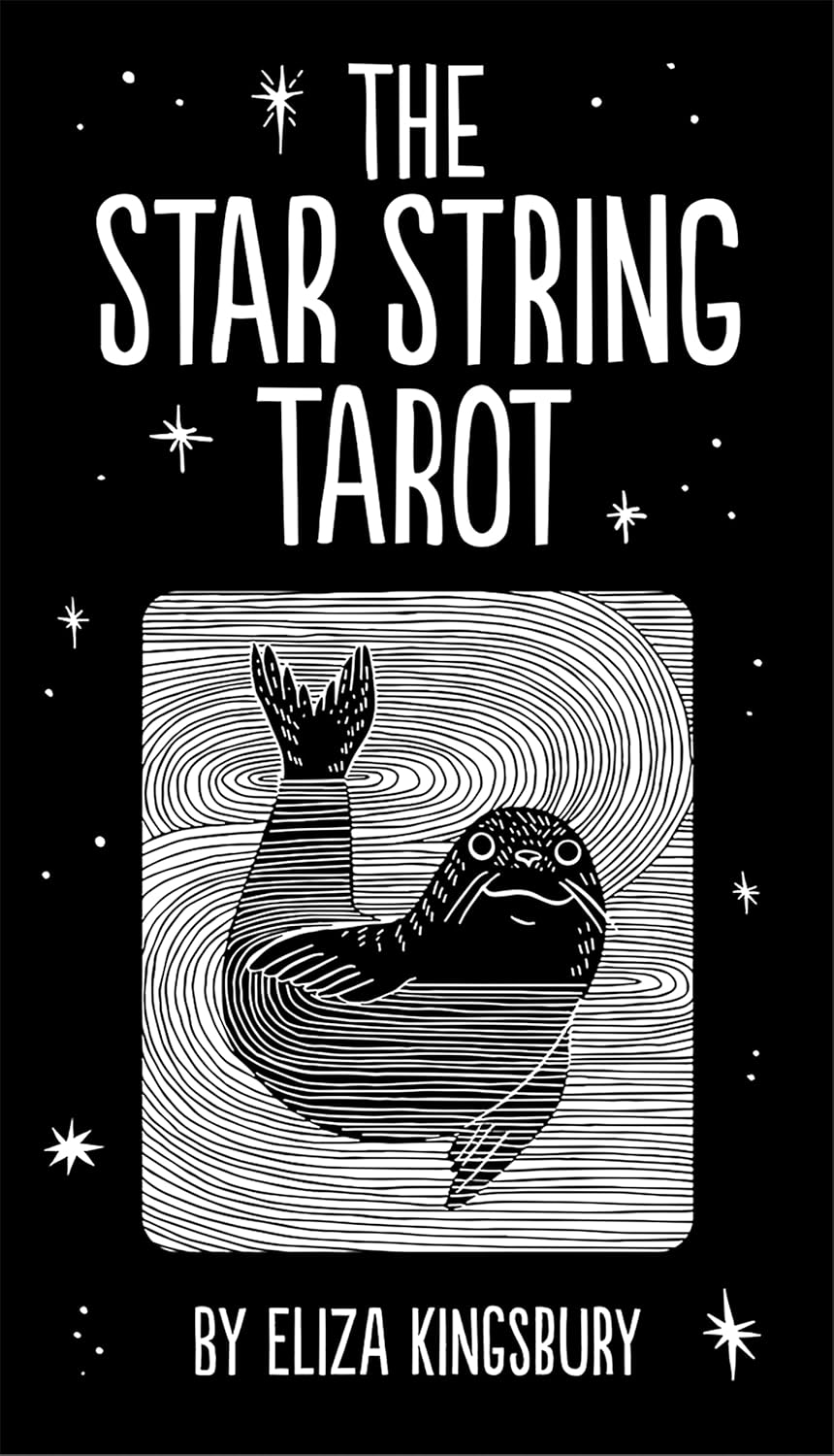 The Star String Tarot by Eliza Kingsbury featuring monochrome linocut-style artwork inspired by nature, folklore, stars, and cosmic symbolism.
