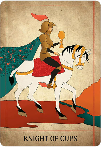 A stylized tarot card illustration labeled 'KNIGHT OF CUPS' shows a knight in armor riding a white horse while holding a gold cup. The card has a parchment-like beige background with red, teal, black, and orange illustration details. Seljuq Tarot by Parastoo Pakzad, 78-card Rider-Waite-Smith-inspired tarot featuring colourful Persian miniature artwork and traditional decorative patterns.