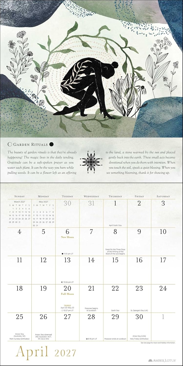 A vertical garden retreat calendar page for April 2027, featuring an illustrated botanical scene with a black silhouette of a person gardening among leafy plants, above a printed monthly calendar grid.
Year of the Witch 2027 Wall Calendar featuring magical witch-inspired artwork celebrating the seasons, nature and the Wheel of the Year.