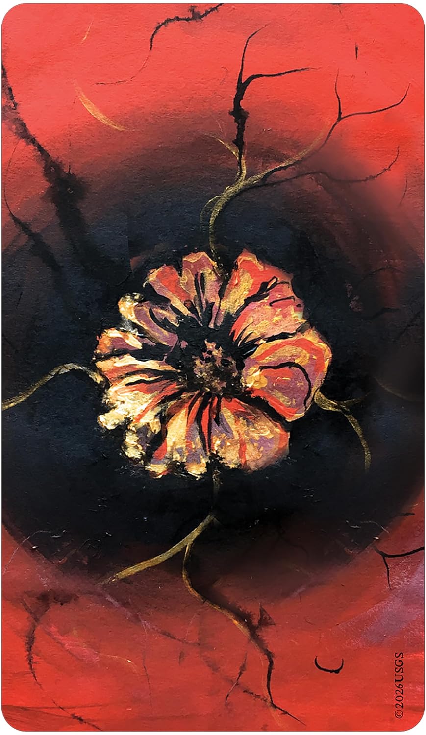 An abstract floral painting featuring a central flower with orange, red, and cream petals, set against a dark black background with branching dark tree-like lines and a vivid red textured field.