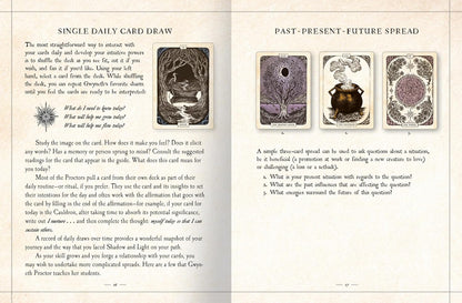 An open book or booklet showing two printed spread sheets with text and small vintage-style illustrations. The left page is headed 'SINGLE DAILY CARD DRAW' and contains instructional text plus a small central illustration.