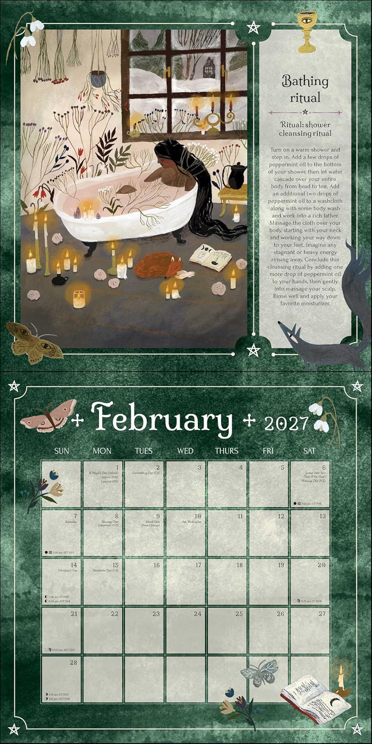 A decorative February 2027 calendar page with a dark green border, an illustrated winter bath scene at the top, and a grid of blank monthly boxes below.
2027 Seasons of the Witch Wall Calendar by Lorraine Anderson with magical artwork by Tijana Lukovic and Giada Rose, featuring sabbats, moon phases and rituals