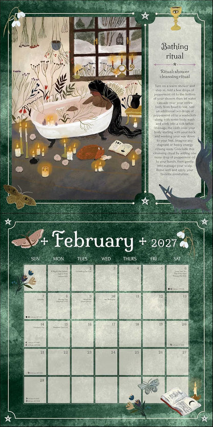 A decorative February 2027 calendar page with a dark green border, an illustrated winter bath scene at the top, and a grid of blank monthly boxes below.
2027 Seasons of the Witch Wall Calendar by Lorraine Anderson with magical artwork by Tijana Lukovic and Giada Rose, featuring sabbats, moon phases and rituals