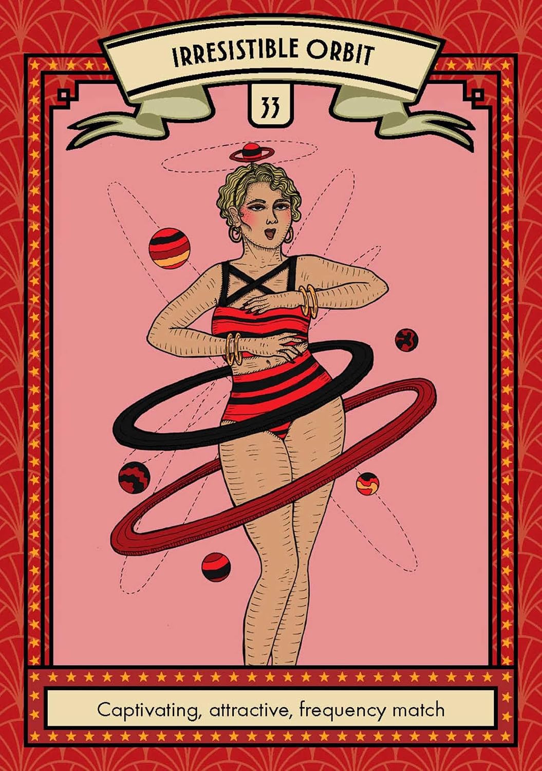 A stylized tarot card illustration titled 'Irresistible Orbit' featuring a woman in a red and black swimsuit surrounded by orbit-like rings and small striped spheres on a pink background with a red decorative border.
Glamour Oracle by Lisa Lister featuring a 36-card oracle deck inspired by vintage glamour, magical self-care rituals and modern witchcraft with a companion guidebook.