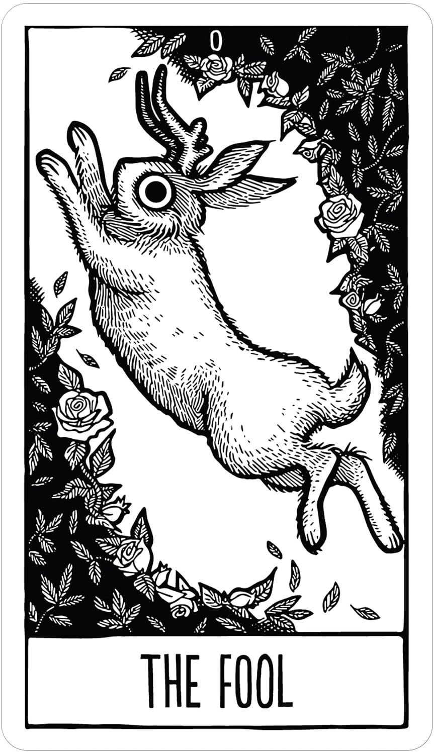The fool card Star string tarot featuring rose bushes being leapt over by a hare with antlers