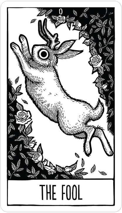 The fool card Star string tarot featuring rose bushes being leapt over by a hare with antlers