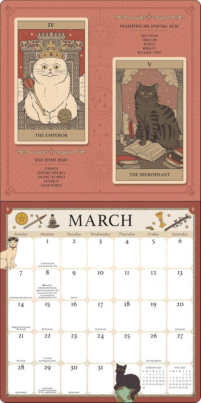 A tarot-themed monthly calendar page for March, featuring decorative tarot card illustrations at the top ('The Emperor' and 'The Hierophant') and a large grid of days below with small cat illustrations and a black cat at the bottom.