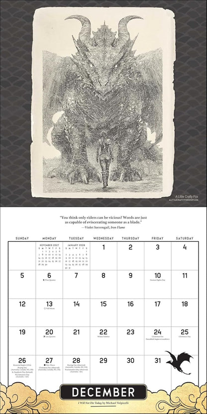 A December wall calendar page featuring a large black-and-white illustration of a horned monster above a monthly calendar grid, with decorative cloud motifs and a dragon silhouette at the bottom.
Official Fourth Wing 2027 Wall Calendar featuring artwork inspired by Rebecca Yarros' bestselling Empyrean fantasy series.