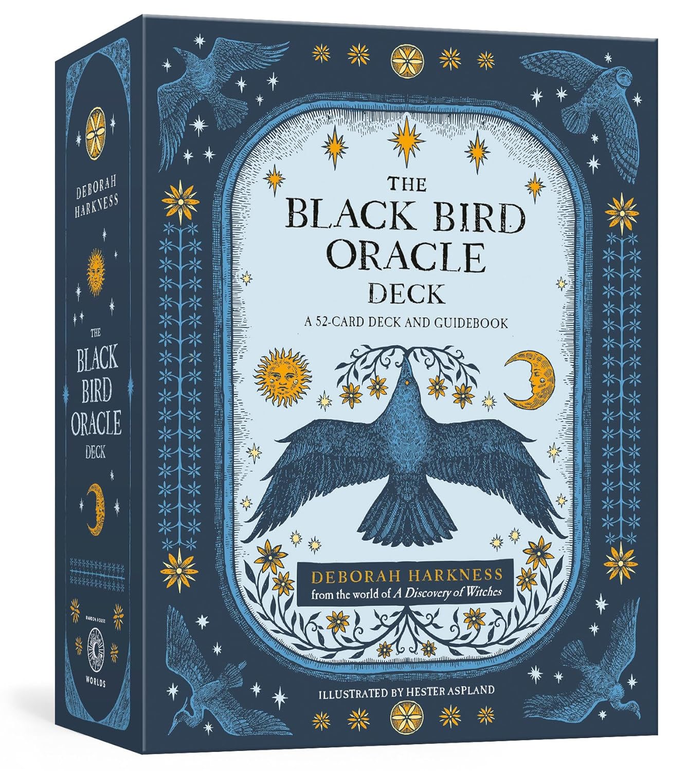 Box for 'The Black Bird Oracle Deck' with a blue and gold design featuring an eagle and celestial elements.