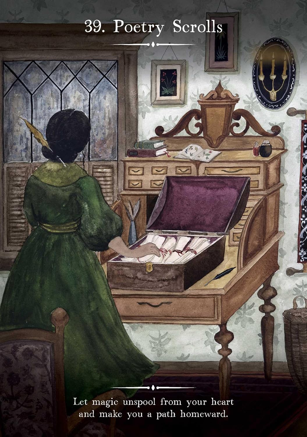 Illustrated cover art for '39. Poetry Scrolls' showing a woman in a green dress writing in a parchment scroll at a wooden desk, with the text 'Let magic unspool from your heart and make a path homeward.
Witch's Homestead Oracle by Hadas Knox and Giada Rose featuring enchanting cottagecore artwork inspired by Victorian homesteads, folk magic, and nature.