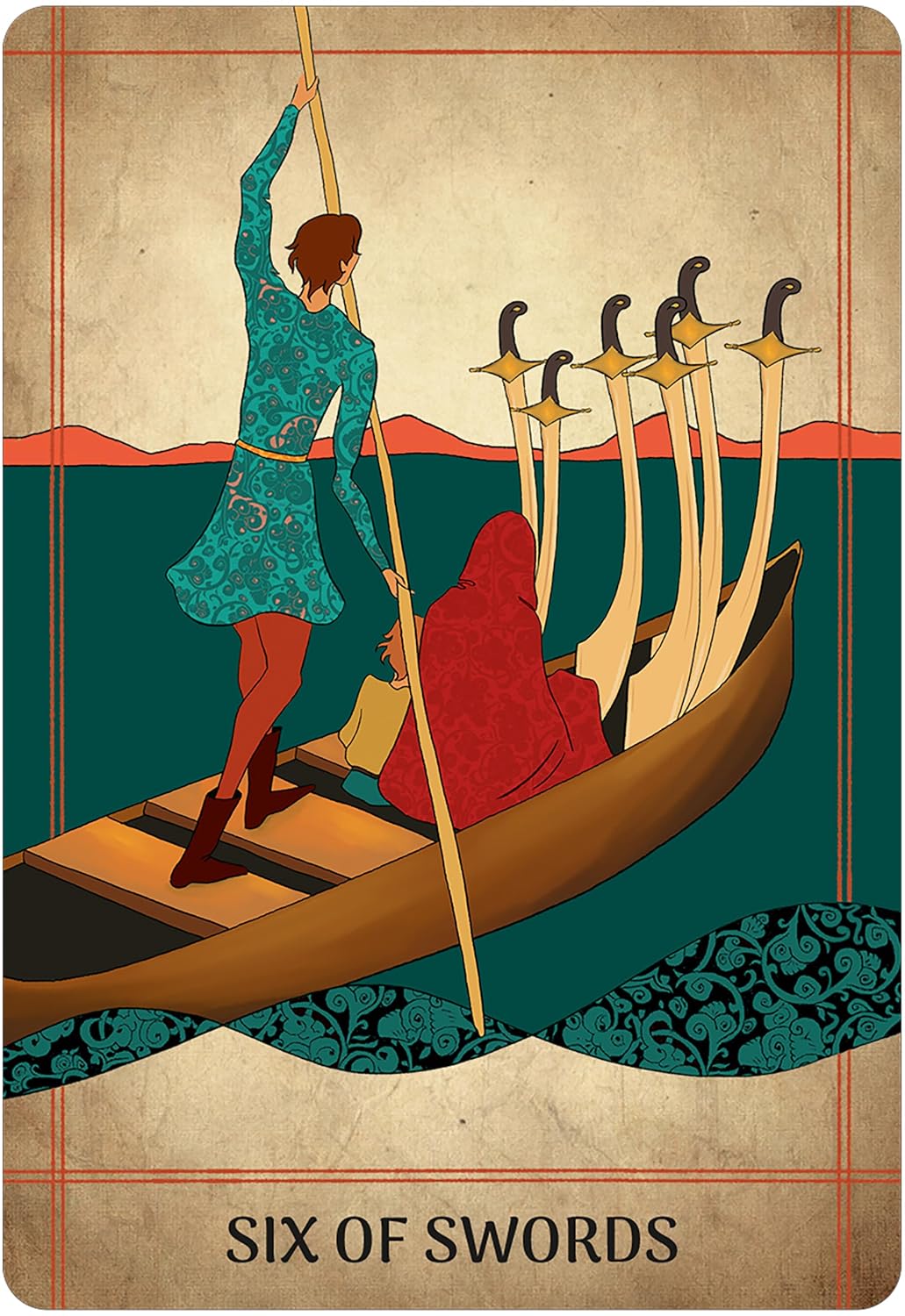 A stylized tarot card illustration reading 'SIX OF SWORDS' at the bottom. A figure in a teal patterned dress stands in a wooden boat using a long pole, while another figure in red sits in the boat. Seljuq Tarot by Parastoo Pakzad, 78-card Rider-Waite-Smith-inspired tarot featuring colourful Persian miniature artwork and traditional decorative patterns.