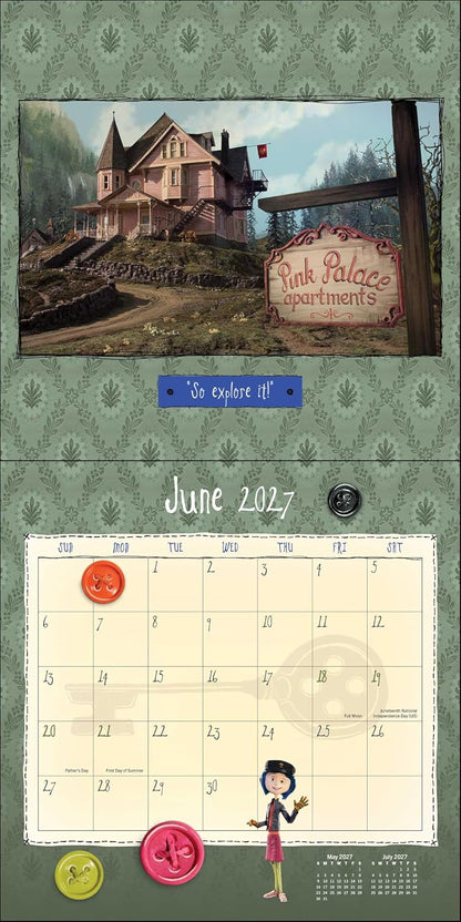 A vintage-style calendar page for June 2027 featuring a haunted-house illustration at the top, a patterned green background, and decorative wax-seal icons. A small cartoon figure stands near the bottom right.