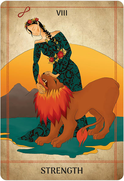 A tarot-style art card titled 'Strength' with the Roman numeral VIII at the top. The illustration shows a woman in a dark teal floral dress standing over a lion with a bright orange and red mane, set against a warm beige parchment background with mountains and water. Seljuq Tarot by Parastoo Pakzad, 78-card Rider-Waite-Smith-inspired tarot featuring colourful Persian miniature artwork and traditional decorative patterns.