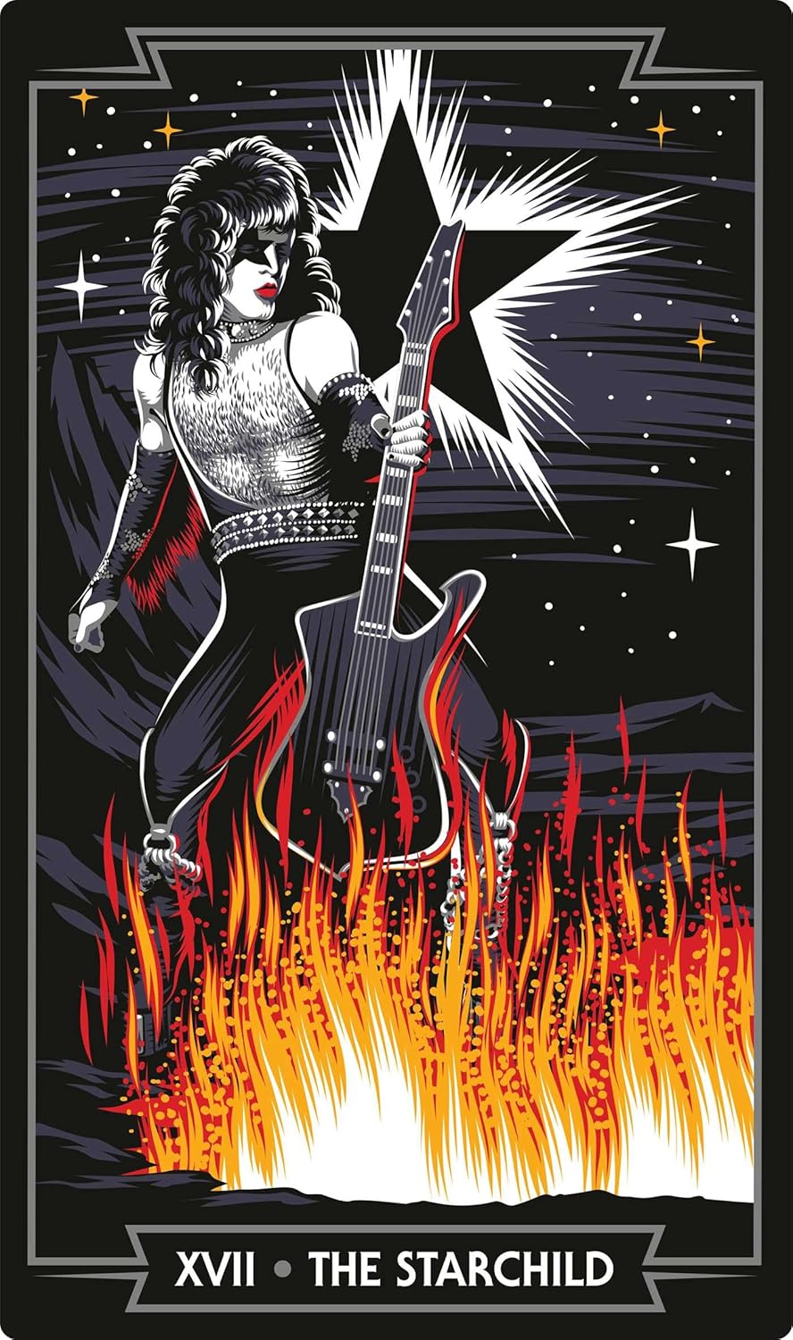 Illustration of a woman playing a guitar with flames and stars in the background, labeled 'The Starchild'.