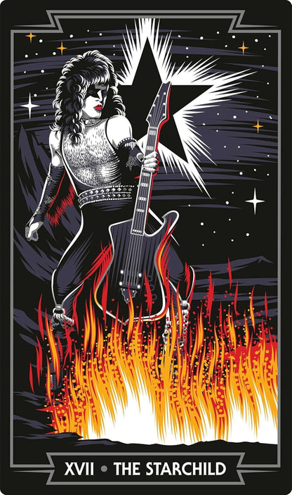 Illustration of a woman playing a guitar with flames and stars in the background, labeled 'The Starchild'.