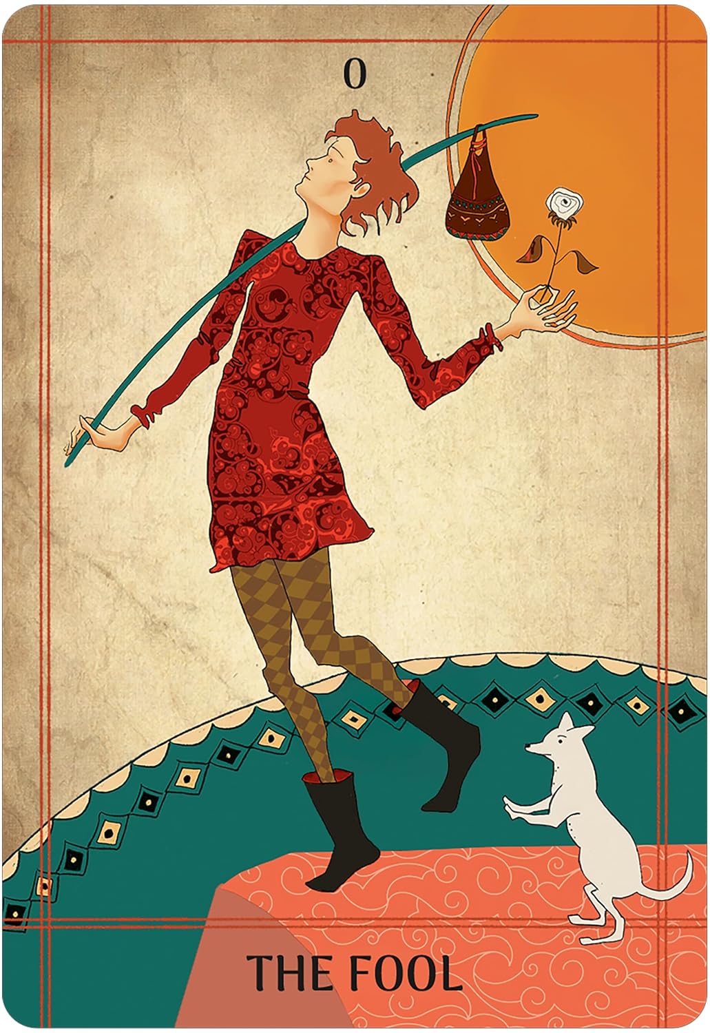 A tarot card illustration titled 'THE FOOL' showing a stylized figure in a red patterned dress and brown leggings walking forward while carrying a staff and holding a small flower. A white dog stands at the lower right, with a large orange sun and decorative teal ground in the background. Seljuq Tarot by Parastoo Pakzad, 78-card Rider-Waite-Smith-inspired tarot featuring colourful Persian miniature artwork and traditional decorative patterns.