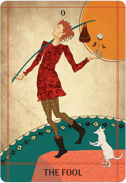 A tarot card illustration titled 'THE FOOL' showing a stylized figure in a red patterned dress and brown leggings walking forward while carrying a staff and holding a small flower. A white dog stands at the lower right, with a large orange sun and decorative teal ground in the background. Seljuq Tarot by Parastoo Pakzad, 78-card Rider-Waite-Smith-inspired tarot featuring colourful Persian miniature artwork and traditional decorative patterns.