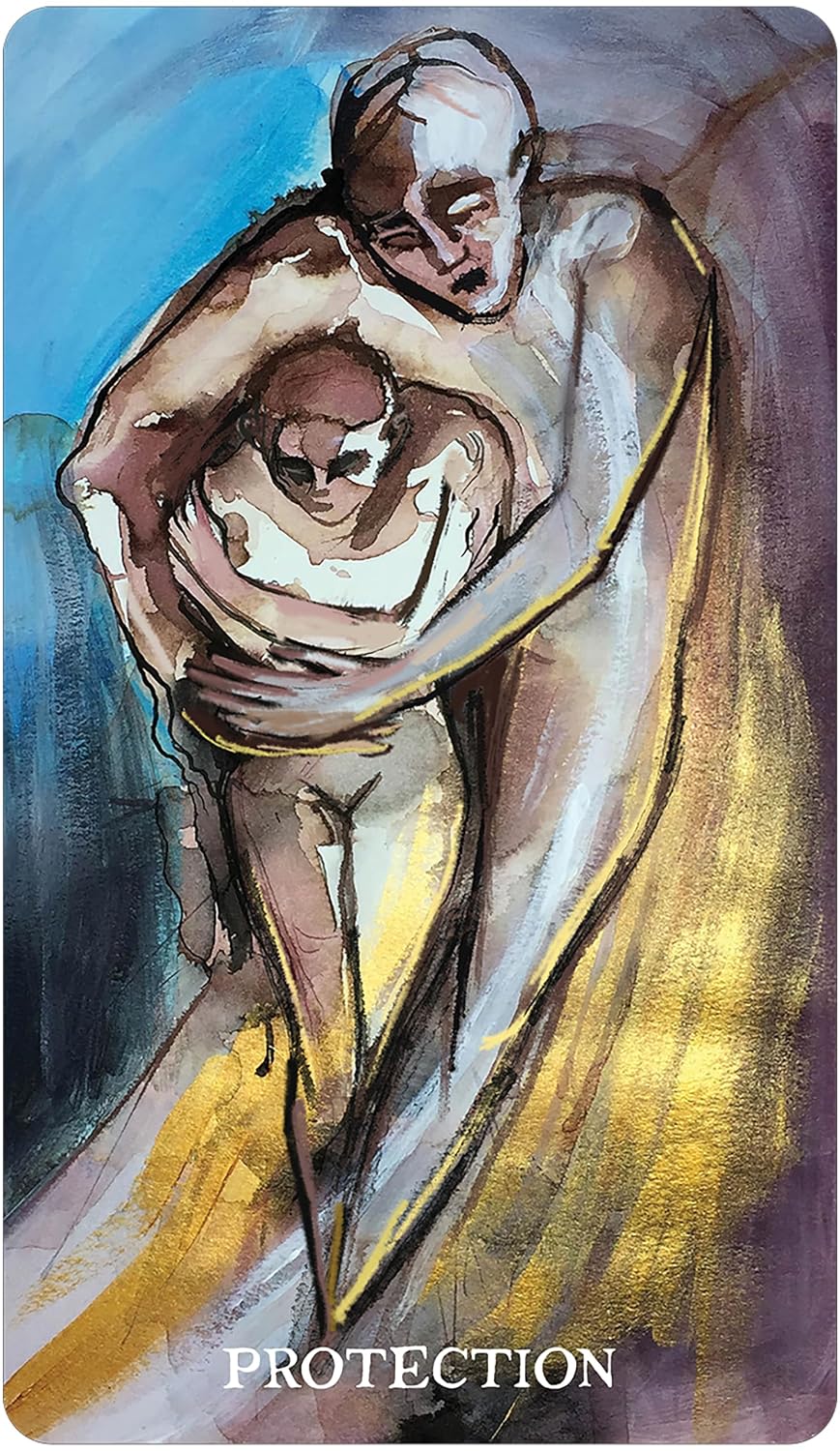 A tarot card style artwork labeled 'PROTECTION' at the bottom, showing two nude figures embracing with a flowing yellow cloak against a blue and purple background.