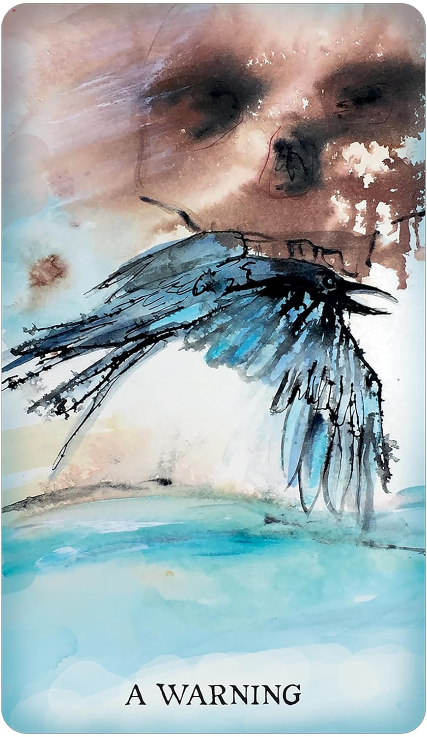 A tarot card titled 'A WARNING' featuring an abstract watercolor illustration of a raven in blue and black tones against a soft beige and light blue background.