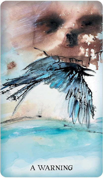 A tarot card titled 'A WARNING' featuring an abstract watercolor illustration of a raven in blue and black tones against a soft beige and light blue background.
