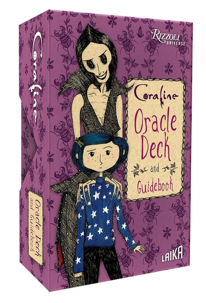 Coraline Oracle Deck and Guidebook packaging with illustrations of characters on a purple background.