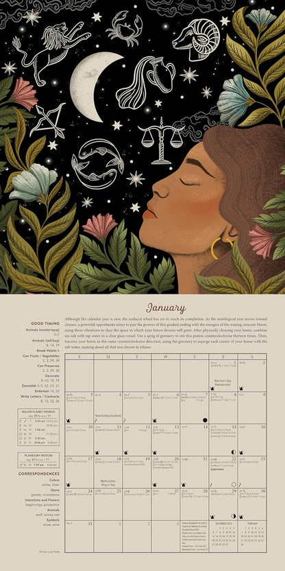 An illustrated monthly calendar page for January, featuring a dark celestial illustration at the top with a crescent moon, zodiac symbols, stars, and a woman's profile surrounded by flowers and leaves, above a beige calendar grid with text columns. Llewellyn's 2027 Magical Moon Calendar featuring lunar phases, spells, Moon lore and magical artwork