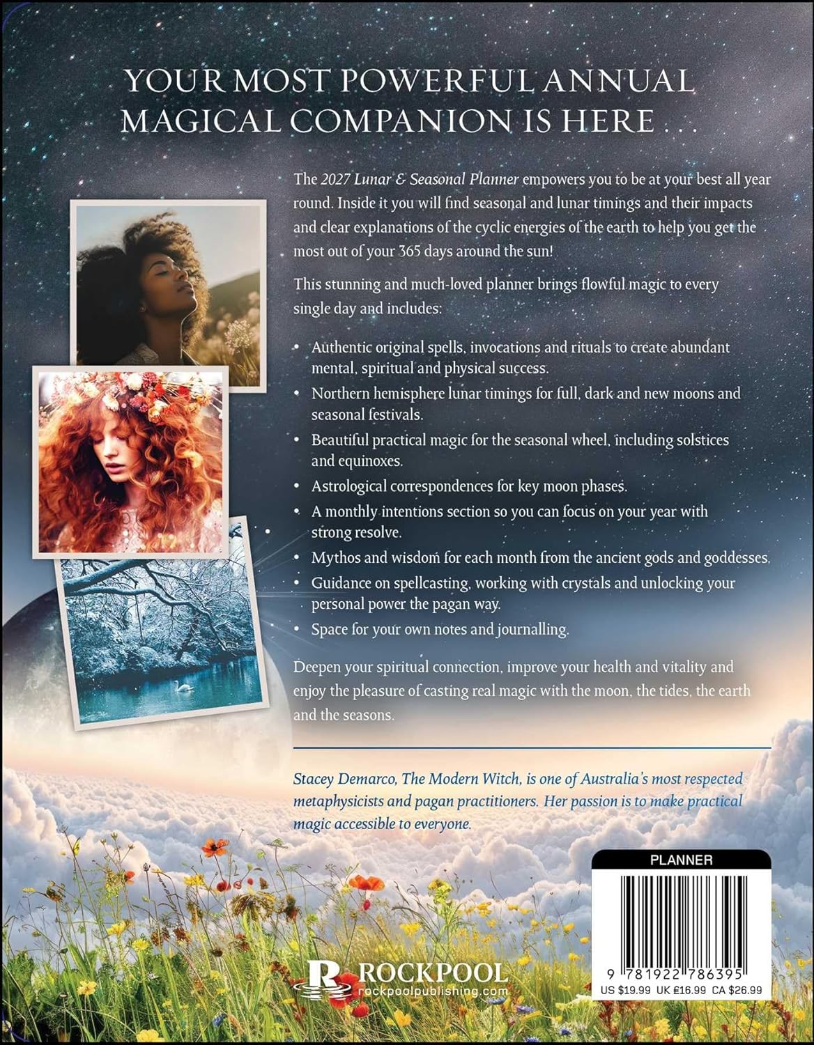 Back cover of the 2027 Annual Magical Companion planner by Rockpool, featuring a dark starry sky background, a field of white and red flowers at the bottom, and product details, reviews, and a barcode.