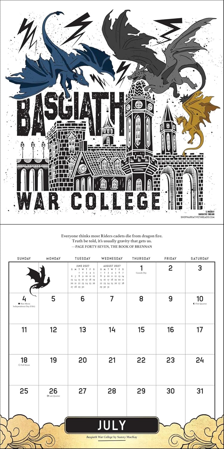 A Basgiath War College themed calendar page featuring fantasy dragon artwork above a monthly calendar grid, with decorative black-and-white castle illustration and gold cloud accents.
Official Fourth Wing 2027 Wall Calendar featuring artwork inspired by Rebecca Yarros' bestselling Empyrean fantasy series.