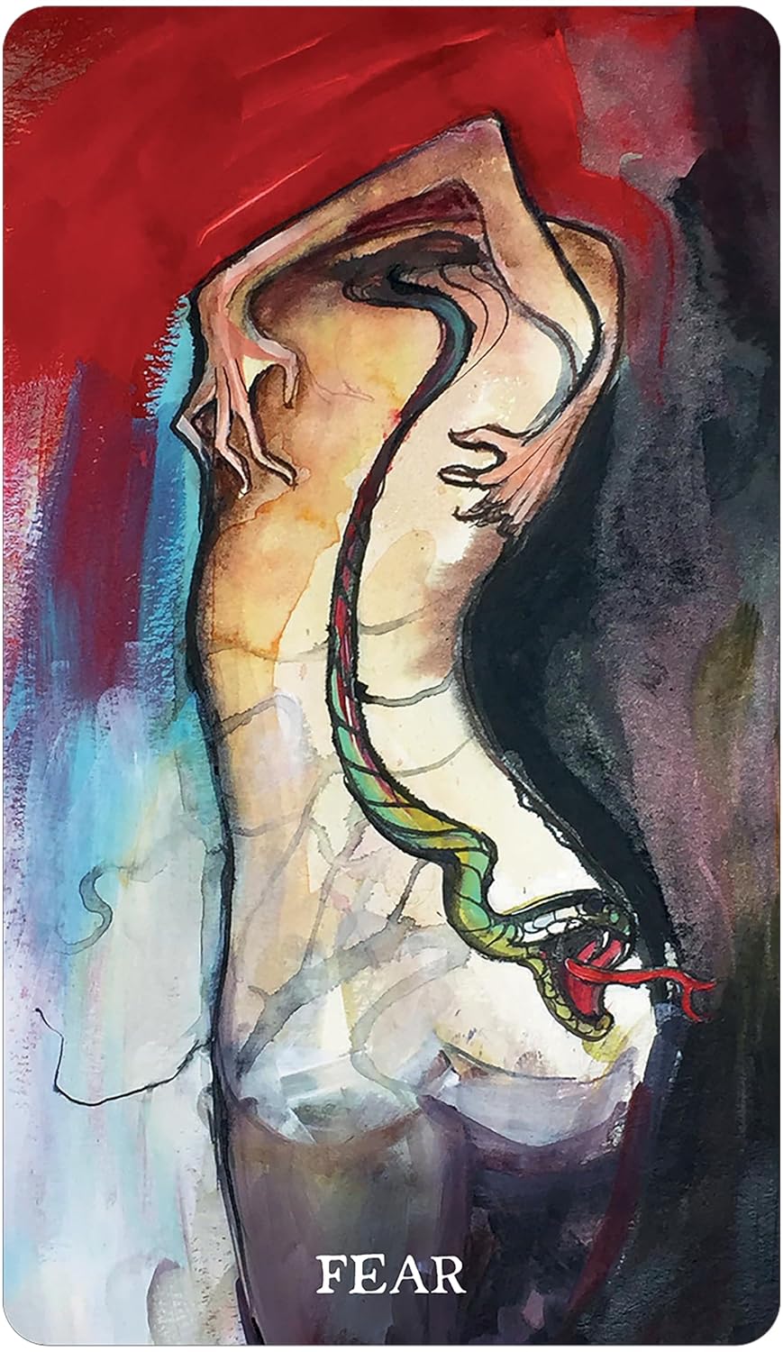 An abstract art print or card titled 'FEAR' showing a stylized nude human figure in warm beige tones, with a green and red snake wrapping around the torso, set against a dramatic red, blue, and dark gray painted background.