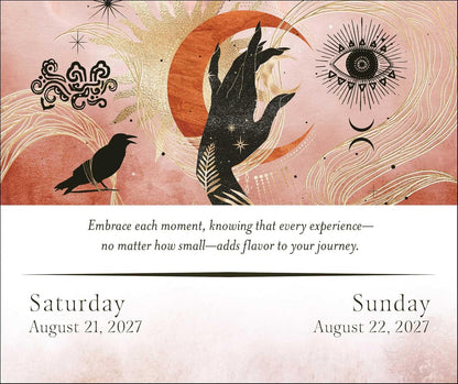A square art print or card design with a pink and peach upper section featuring a black silhouette of a hand, a black raven, a crescent moon, an eye motif, and gold decorative lines. The lower section is white with the text, 'Embrace each moment, knowing that every experience—no matter how small—adds flavor to your journey.
Year of the Witch 2027 Day-to-Day Desk Calendar featuring daily witch-inspired artwork, magical themes and seasonal inspiration in a freestanding tear-off format.