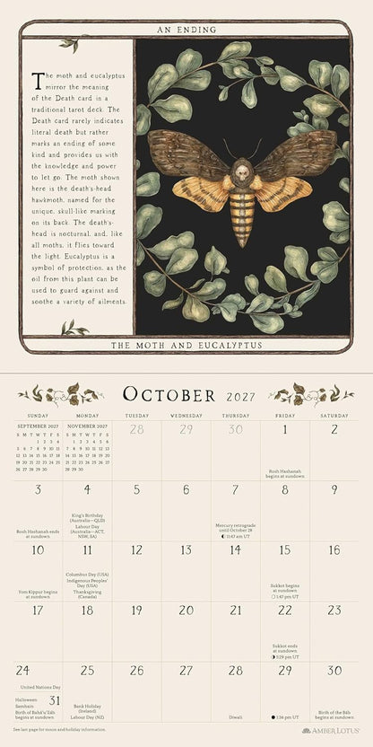 A monthly calendar page for October 2021 featuring a vintage-style art print of a moth and eucalyptus leaves at the top, with a beige calendar grid below.
Woodland Wardens 2027 Mini Wall Calendar by Jessica Roux featuring botanical illustrations, woodland animals and seasonal nature artwork inspired by the Woodland Wardens Oracle.