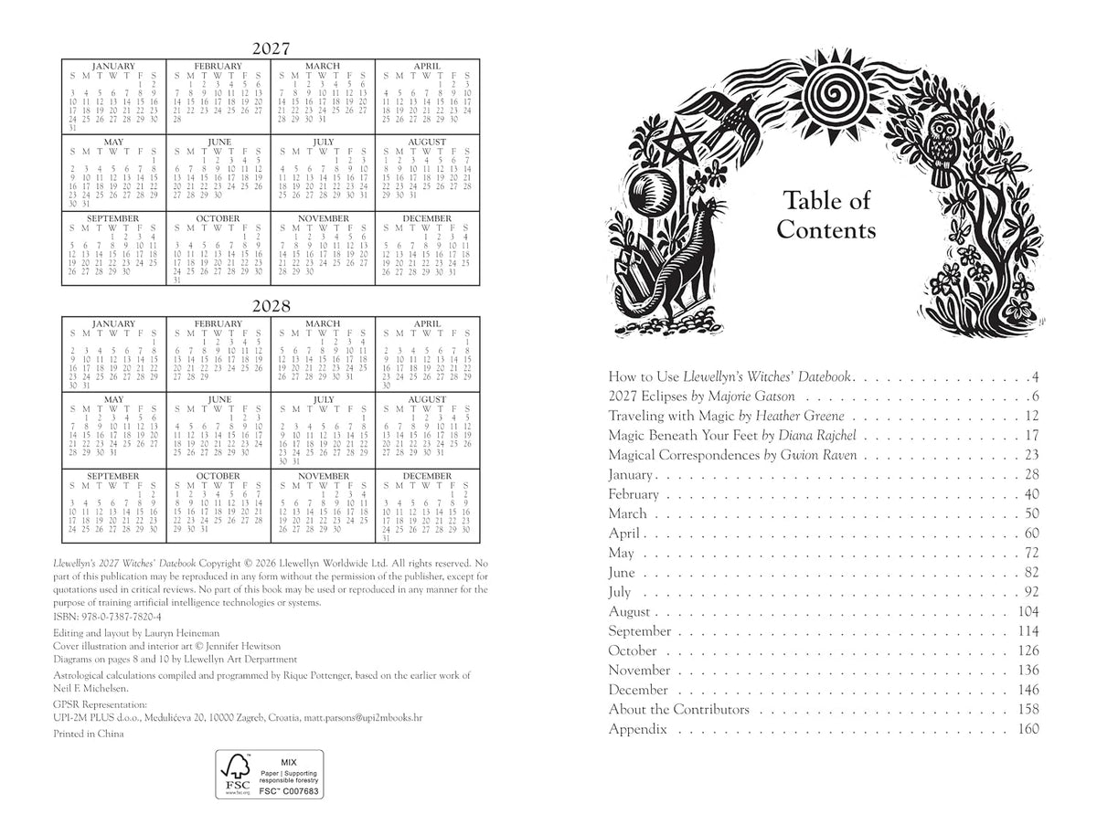 A black-and-white printed table of contents page from a publication, showing the title 'Table of Contents' with decorative line art and a list of chapters and pages. The left side also includes calendar grids for 2027 and 2028 and small publisher text at the bottom. Llewellyn's 2027 Witches' Datebook, spiral-bound weekly witchcraft planner featuring Jennifer Hewitson's artwork, seasonal rituals and magical tips.