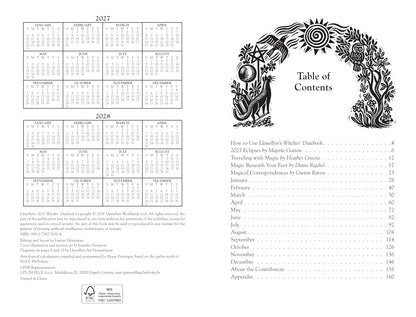 A black-and-white printed table of contents page from a publication, showing the title 'Table of Contents' with decorative line art and a list of chapters and pages. The left side also includes calendar grids for 2027 and 2028 and small publisher text at the bottom. Llewellyn's 2027 Witches' Datebook, spiral-bound weekly witchcraft planner featuring Jennifer Hewitson's artwork, seasonal rituals and magical tips.